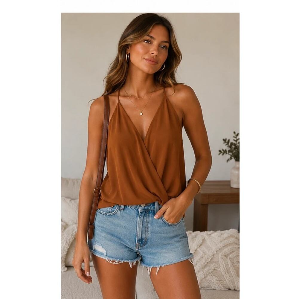 Boutique NWT Women’s Med Cognac Brown Draped Surplice Halter Top Cami - Picture 2 of 6
